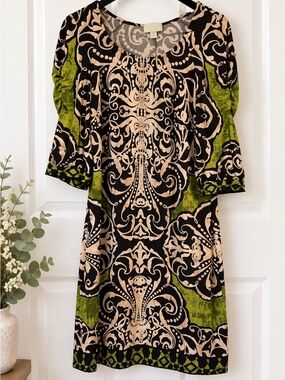 Black Olive Green Damask Print 3/4 Sleeve Dress size 12